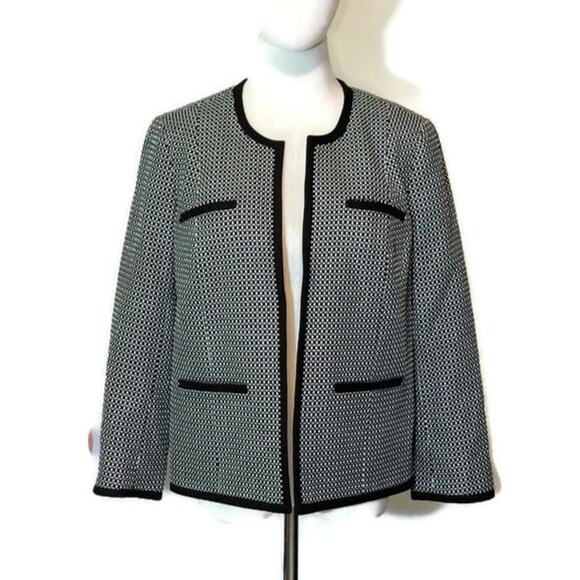 Talbots Black White Print Collarless Open Blazer Office Career Classic Jacket 10 - Picture 7 of 16